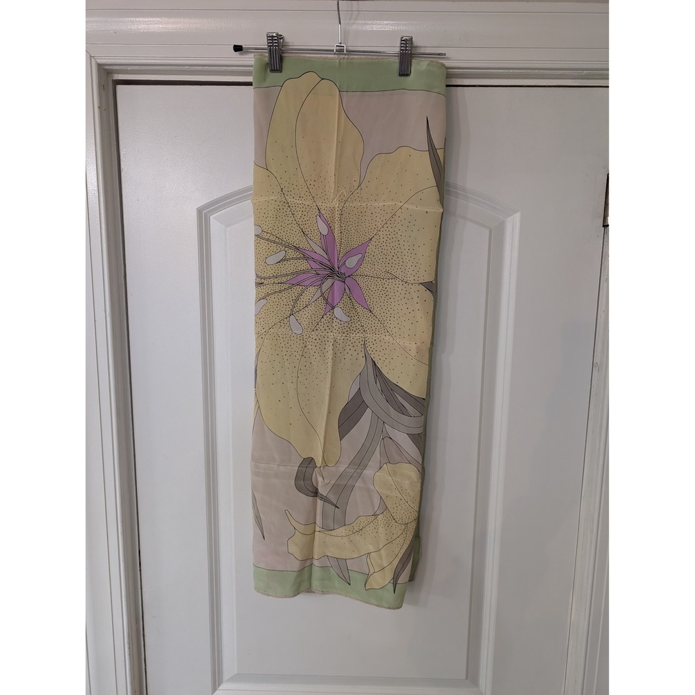 Gres Paris Vintage Silk Scarf Yellow Green Floral Lily‎ Hand Rolled Edges France